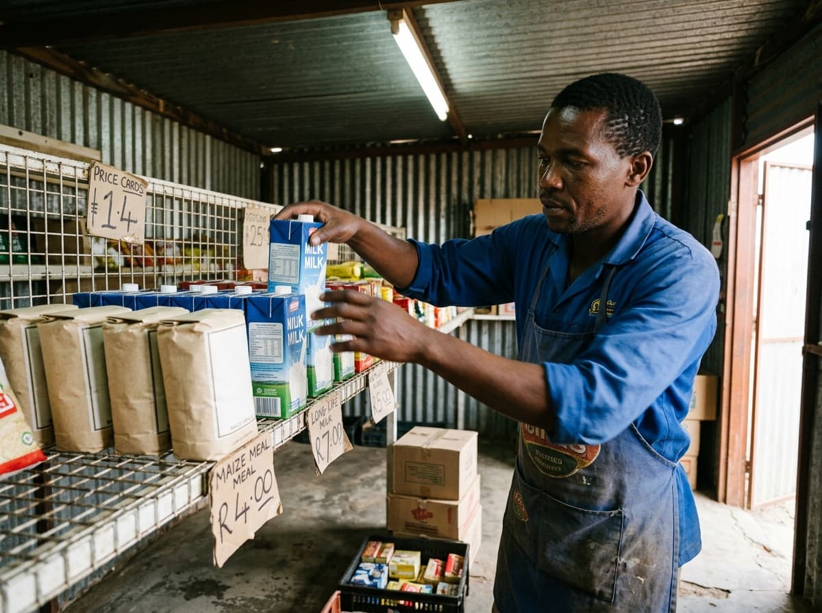 A spaza shop owner restocking shelves with long-life milk and maize meal
